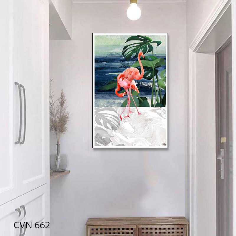 Tranh trang trí decor lá tropical chim hồng hạc-662