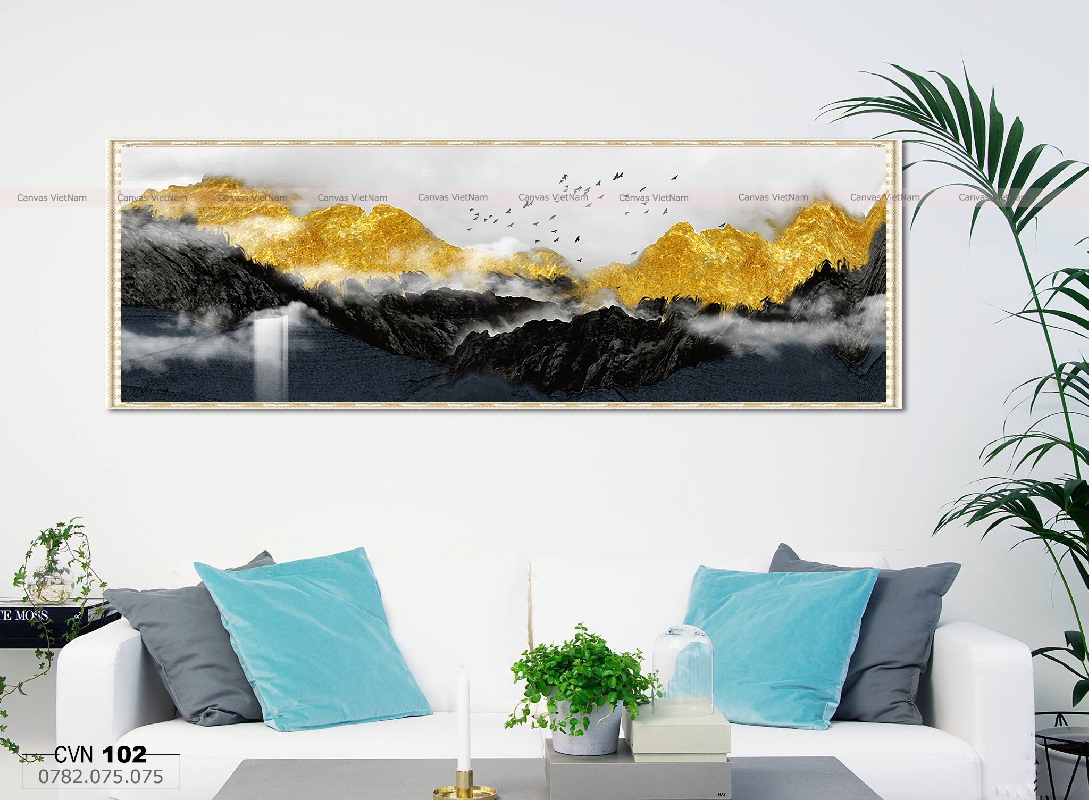 Tranh canvas nghệ thuật mây và núi vàng