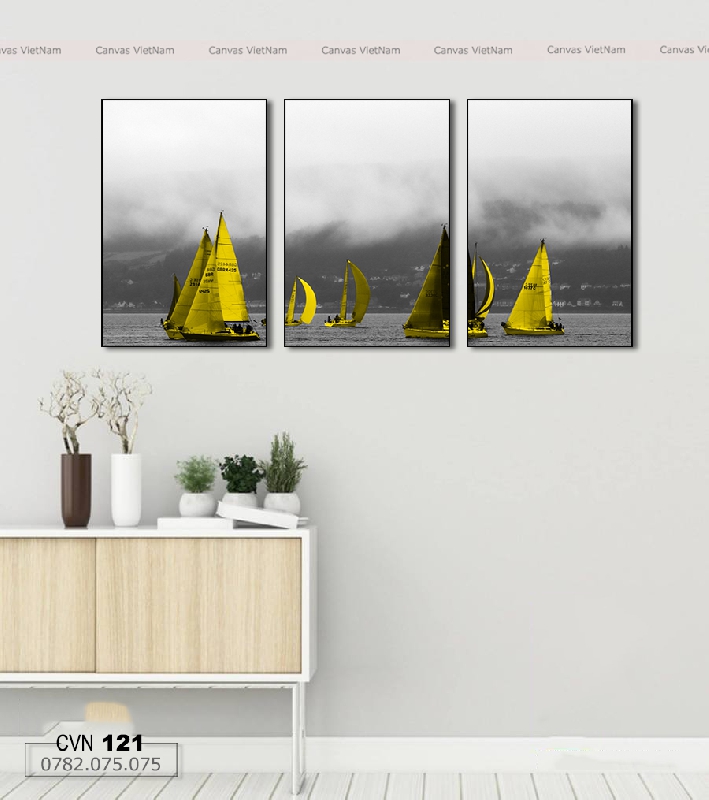 Bộ 3 tranh canvas đơn sắc thuyền biển-121