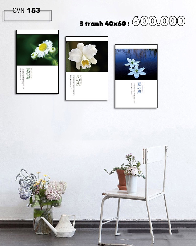 Bộ 3 tranh canvas trang trí decor hoa trắng-153