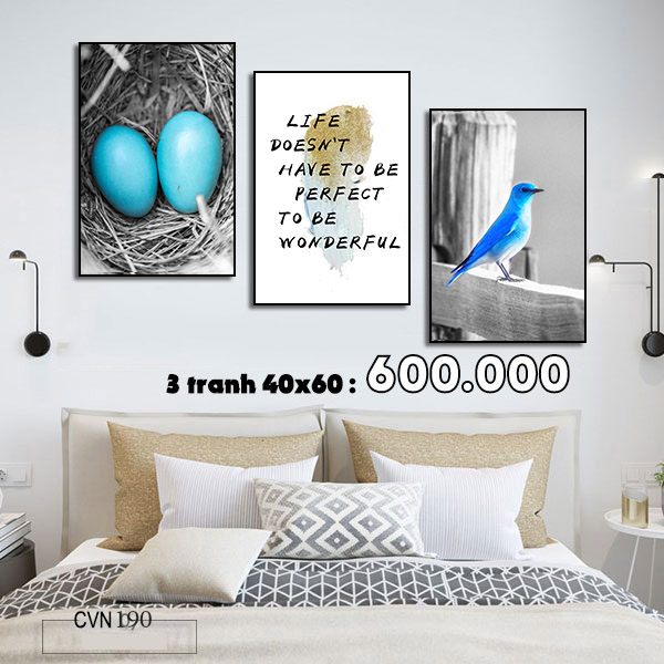 Bộ 3 tranh canvas trang trí decor chim và tổ-190