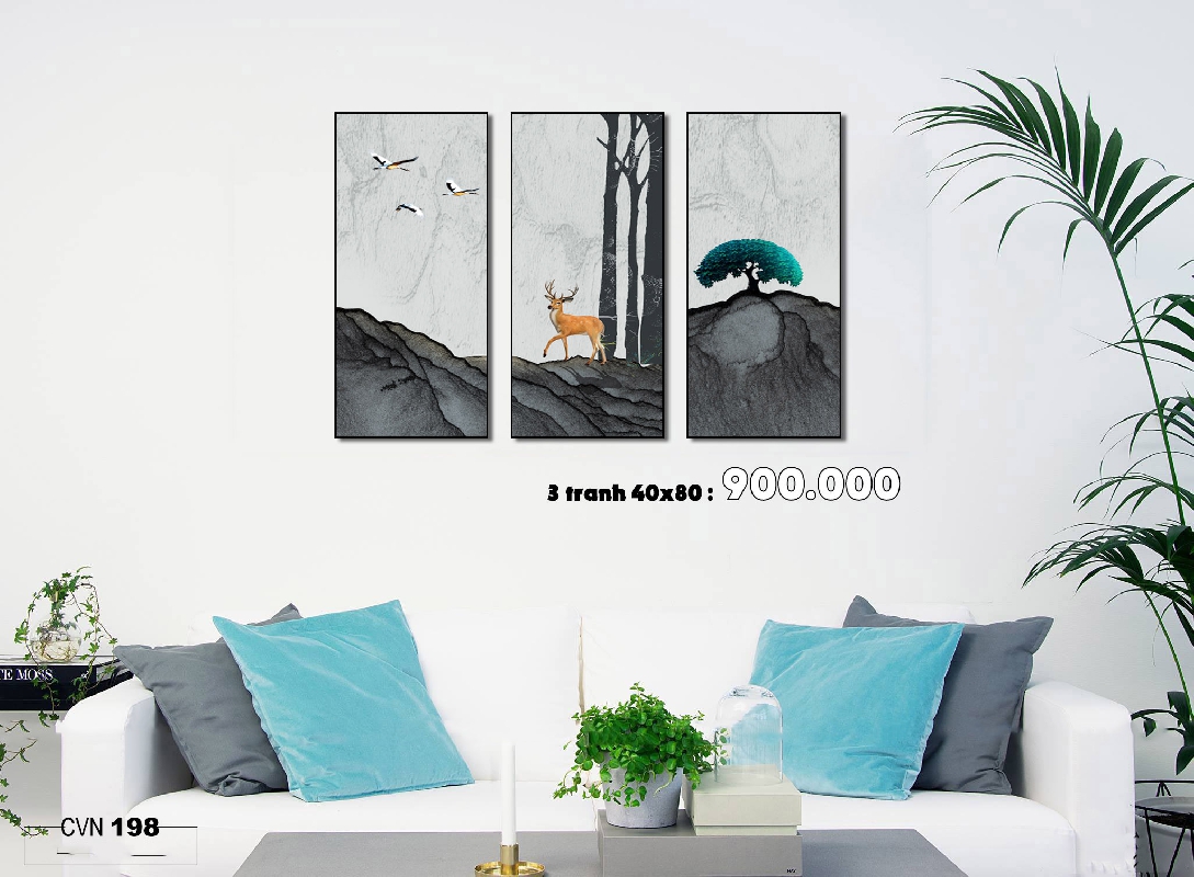 Bộ 3 tranh canvas trang trí decor hươu vàng trên đỉnh núi-198