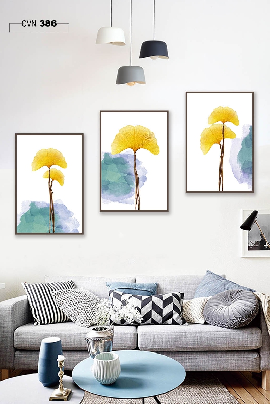 Bộ 3 tranh canvas trang trí decor lá may mắn-386